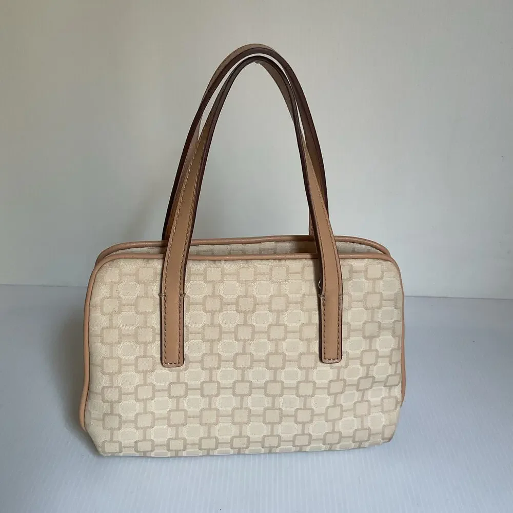 Nine West Beige Canvas Satchel Purse Handbag Top Handle Bag